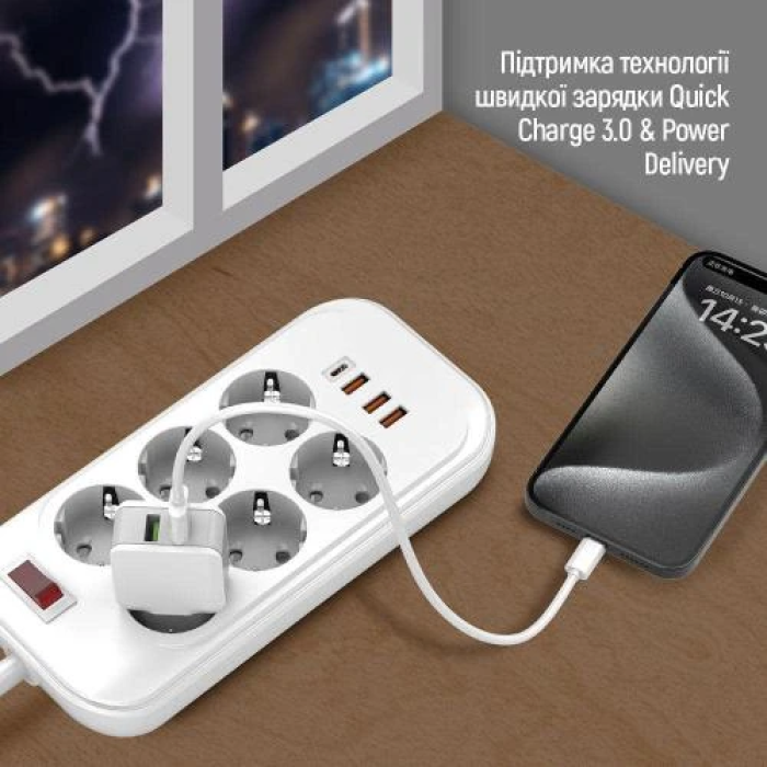 Мережевий фільтр ColorWay з USB-C PD 20 Вт, 6 розеток