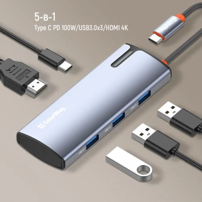 USB-хаб-док-станція ColorWay CW-HUB01 5-в-1, сірий