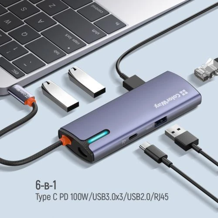 USB-хаб-док-станція ColorWay CW-HUB03 на 6 портів, сірий