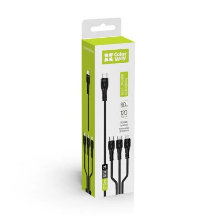 Комбінований кабель USB Type-C ColorWay CW-CBPDU3060-BK, 1,2 м, 60 Вт
