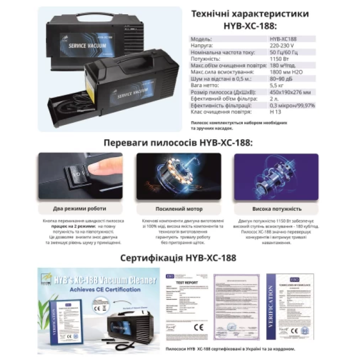 Тонерний пилосос HYB XC188 потужністю 1150 Вт