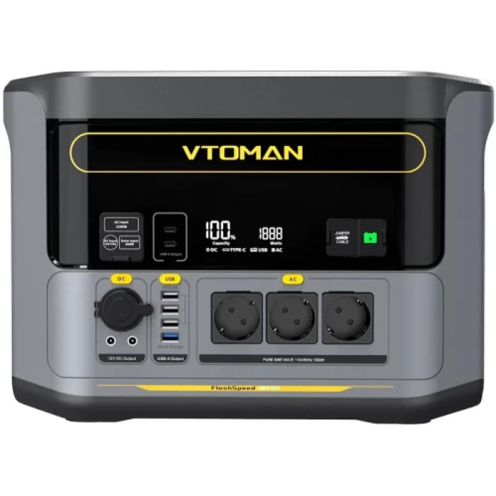 Зарядна станція Vtoman FlashSpeed 1500, Black/Grey, 1500 Вт / 1548 Вт/год, 2xType-C (100 Вт), 4xUSB (18 Вт + 3x12 Вт), 2xDC, 3x220V, LiFePO4
