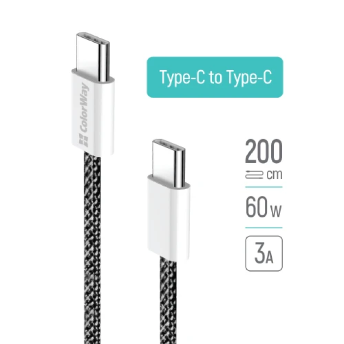Кабель ColorWay USB-C — USB-C, 2 м, 60 Вт, чорний