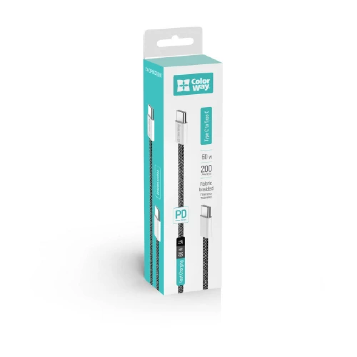 Кабель ColorWay USB-C — USB-C, 2 м, 60 Вт, чорний