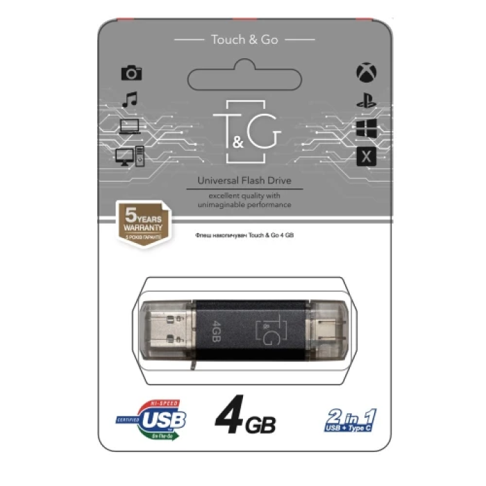 Флешка T&G Star TG009TC на 4 ГБ з Type-C та USB 2.0, чорна