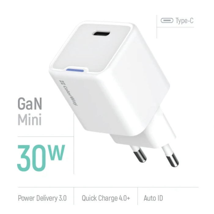 Мережевий GaN-зарядний пристрій ColorWay 30 Вт із USB Type-C