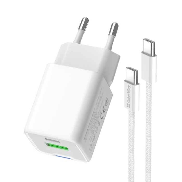 Мережевий зарядний пристрій ColorWay 35 Вт GaN із Type-C та USB White