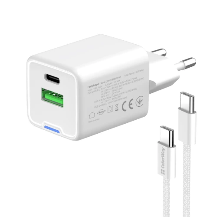 Мережевий зарядний пристрій ColorWay 35 Вт GaN із Type-C та USB White