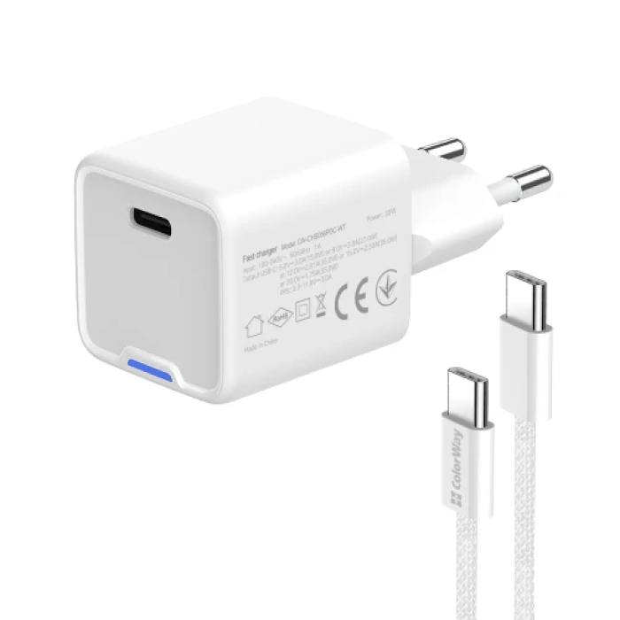 Мережевий зарядний адаптер ColorWay GaN 35 Вт із USB-C