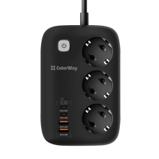 Мережевий фільтр (подовжувач) ColorWay GaN3 Pro 3 розетки, 2 м, USB-C PD 65 Вт
