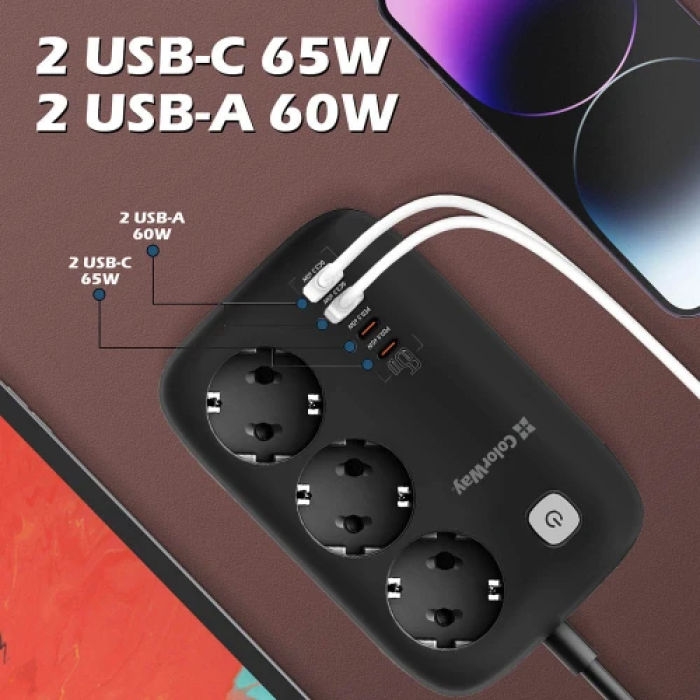 Мережевий фільтр ColorWay GaN3 Pro з USB-C PD 65 Вт