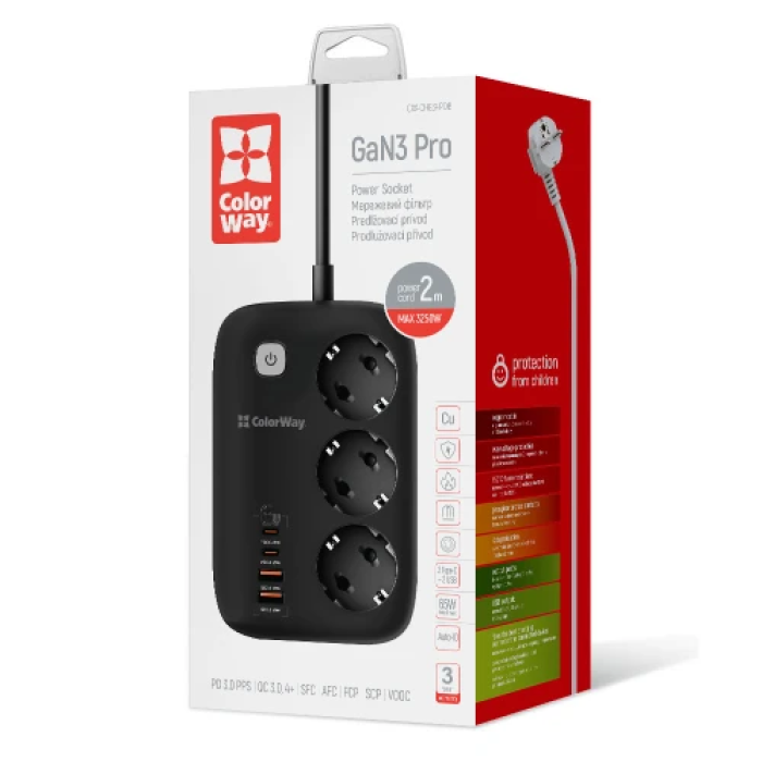 Мережевий фільтр ColorWay GaN3 Pro з USB-C PD 65 Вт
