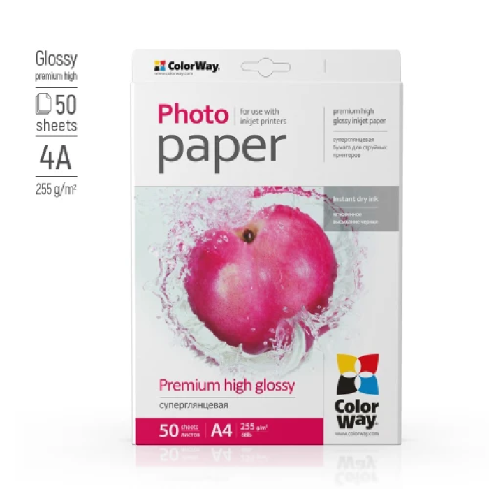 Глянцевий фотопапір ColorWay A4, 255 г/м², 50 аркушів