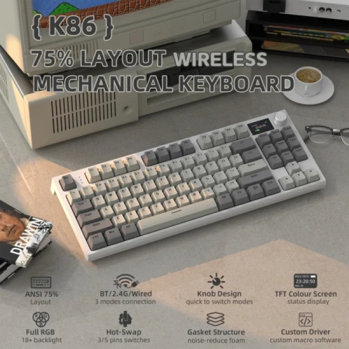 Бездротова механічна клавіатура Attack Shark K86 Retro Grey з RGB