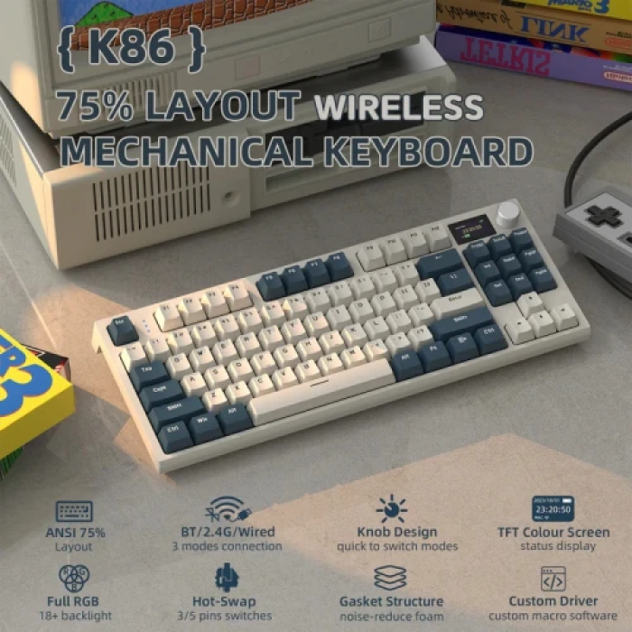 Бездротова механічна клавіатура Attack Shark K86 Retro Blue на 86 клавіш