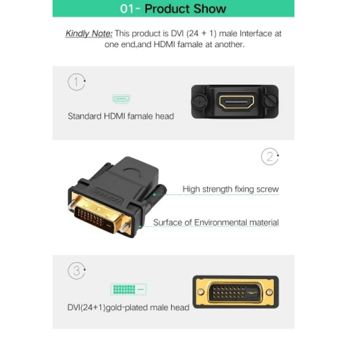Перехідник HDMI на DVI-D Ugreen 20124 для Full HD