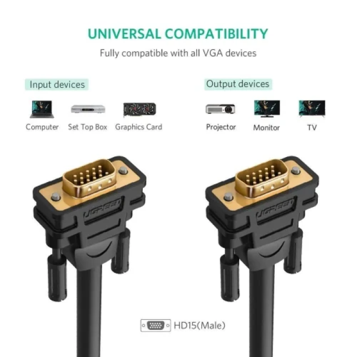 Відеокабель VGA Ugreen VG101, 1 м, чорний