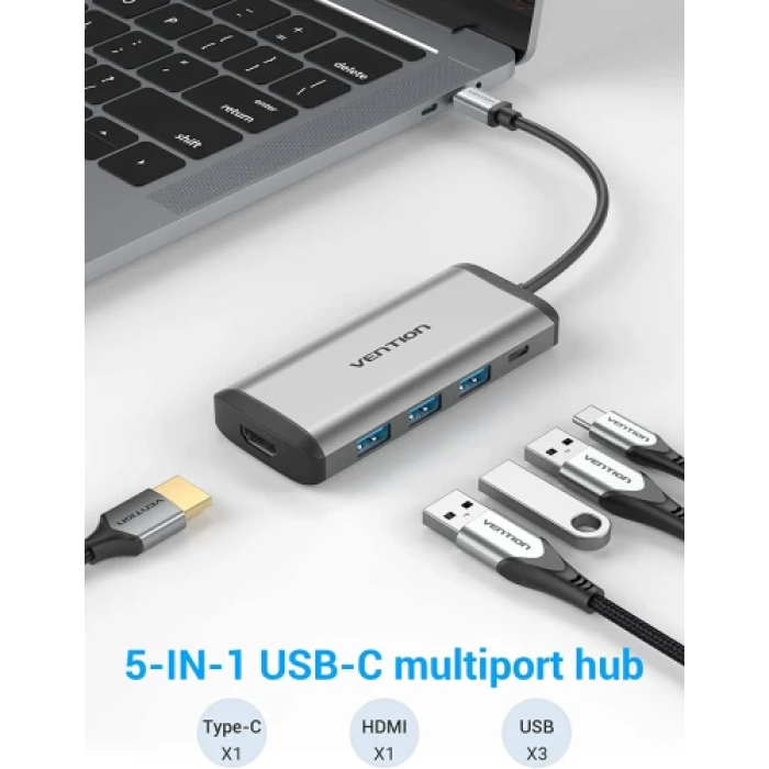 USB-хаб Vention 5-в-1 Type-C 3.2 з HDMI 4K і Power Delivery 100 Вт
