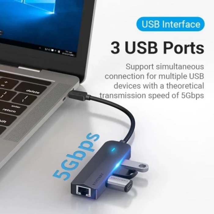 USB-хаб Vention 5-в-1 з Type-C, трьома USB 3.0 та LAN