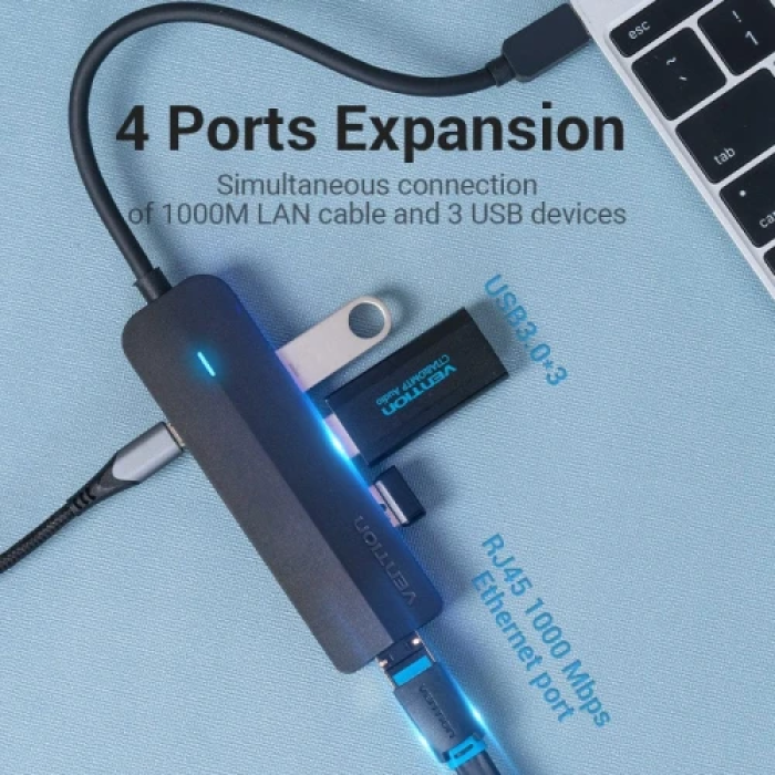USB-хаб Vention 5-в-1 з Type-C, трьома USB 3.0 та LAN