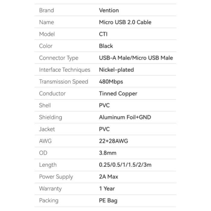 USB-кабель Vention CTIBH з USB-A та microUSB, 2 м