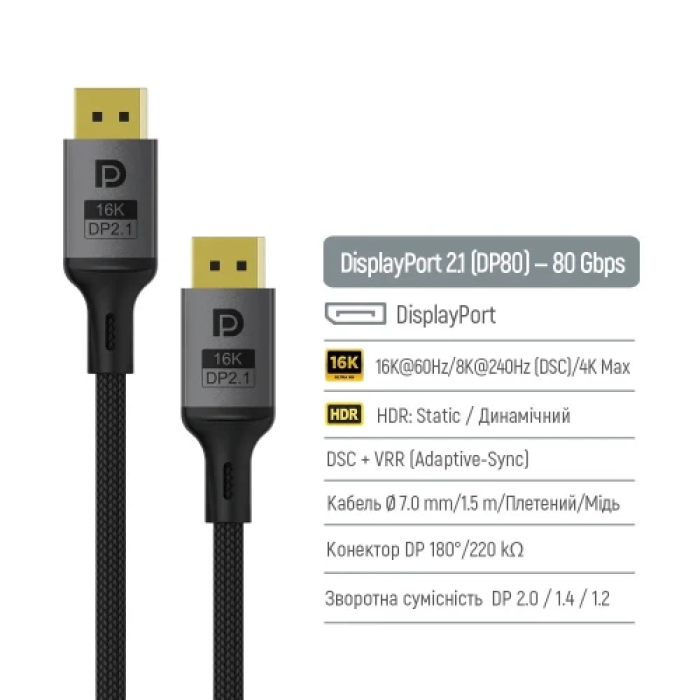 Відеокабель DisplayPort V2.1 ColorWay, 1,5 м, чорний