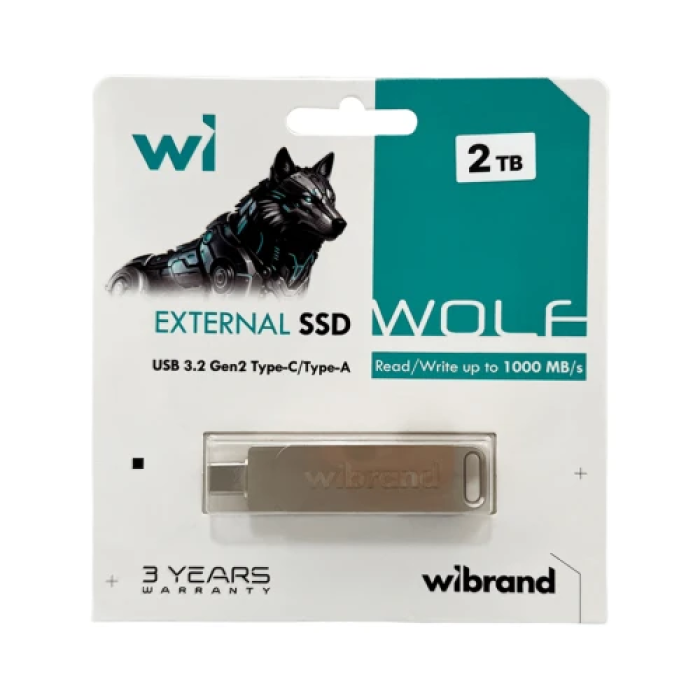 Зовнішній SSD Wibrand Wolf на 2 ТБ у сріблястому корпусі