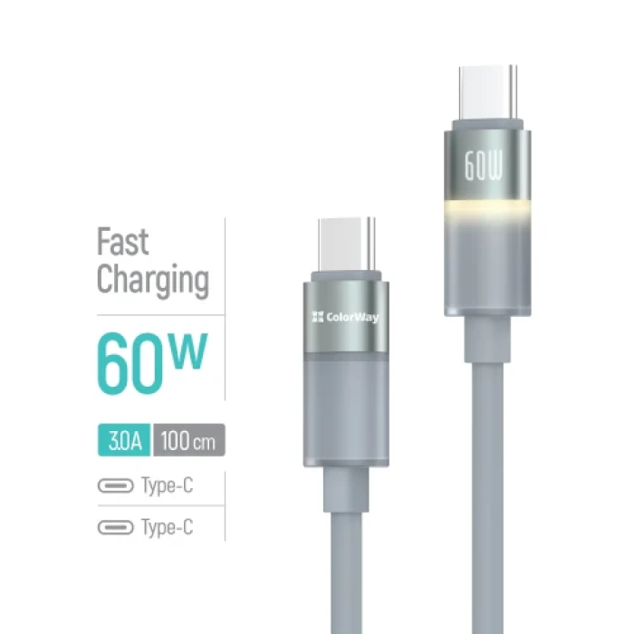 USB-C кабель ColorWay CW-CBPDCC092-GR, 1 м, 60 Вт