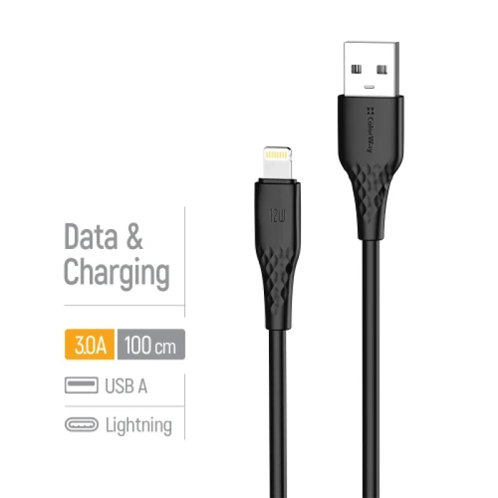 Кабель ColorWay USB AM–Lightning 3A, 1 м, чорний