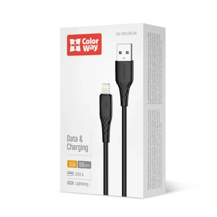 Кабель ColorWay USB AM–Lightning 3A, 1 м, чорний