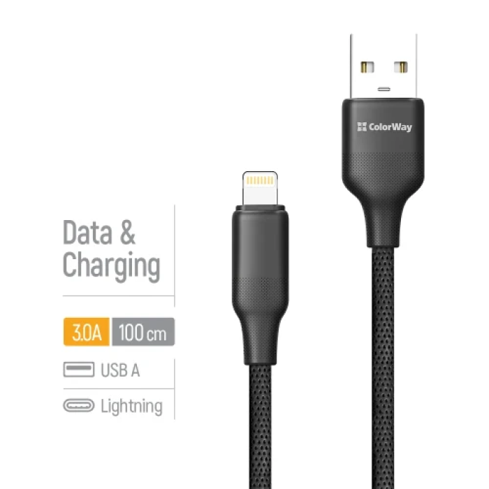 Кабель ColorWay USB–Lightning 1 м, чорний, 3 А
