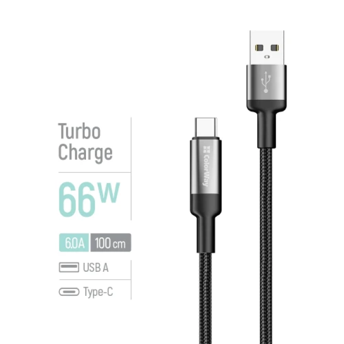 Кабель USB Type-C ColorWay на 1 м, чорний, 6A