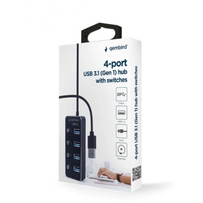 USB-хаб Gembird на 4 порти USB 3.0 з кабелем 24 см