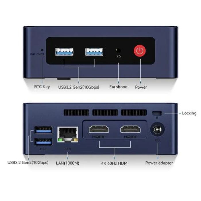 Неттоп Beelink MINI S12, Navy Blue, N95 (4x3.4 GHz, 15 Вт), 16Gb DDR4 3200 MHz SO-DIMM, 512Gb SSD NVMe, 1x2.5" SATA, UHD Graphics, WiFi 5, Bluetooth 4.2, GLan, 4xUSB 3.2, 2xHDMI, Windows 11 Pro, кріплення VESA у комплекті