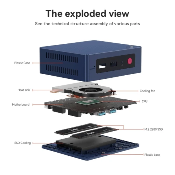 Неттоп Beelink MINI S12 Pro, Navy Blue, N100 (4x3.4 GHz, 6 Вт), 12Gb DDR4 3200 MHz SO-DIMM, 512Gb SSD NVMe, 1x2.5" SATA, UHD Graphics, WiFi 6, Bluetooth 5.2, GLan, 4xUSB 3.2, 2xHDMI, Windows 11 Pro, кріплення VESA у комплекті
