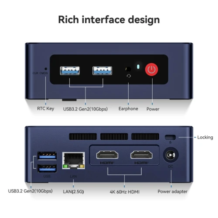 Неттоп Beelink MINI S12 Pro, Navy Blue, N100 (4x3.4 GHz, 6 Вт), 12Gb DDR4 3200 MHz SO-DIMM, 512Gb SSD NVMe, 1x2.5" SATA, UHD Graphics, WiFi 6, Bluetooth 5.2, GLan, 4xUSB 3.2, 2xHDMI, Windows 11 Pro, кріплення VESA у комплекті