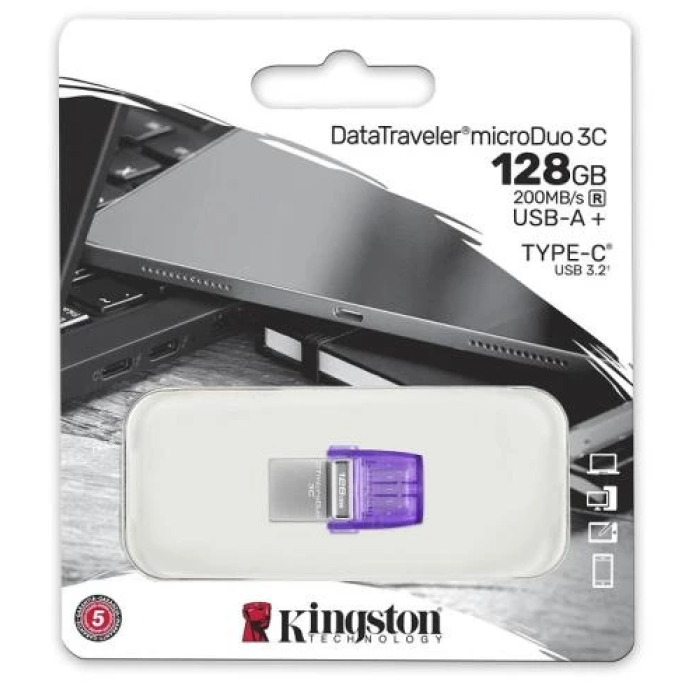 Флеш накопичувач USB 128Gb Kingston DataTraveler microDuo 3C, Purple, Type-C / USB 3.2 Gen 1, до 200 МБ/с (DTDUO3CG3/128GB)