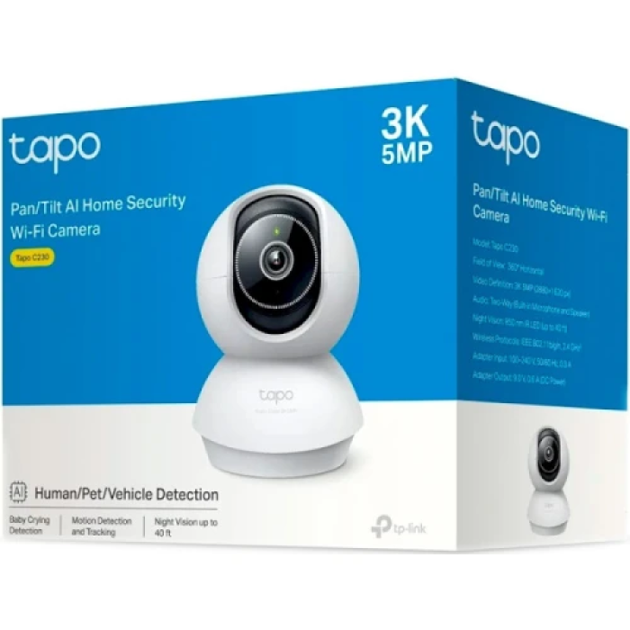 IP камера TP-Link Tapo C230, White/Black, 5 Мп (2880x1620/30 fps), 1/3" CMOS, H.264, f/2.0, f=3.17 мм, WiFi (2.4 GHz), ІЧ-підсвічування 850 нм до 12 м, двосторонній аудіозв'язок, microSD