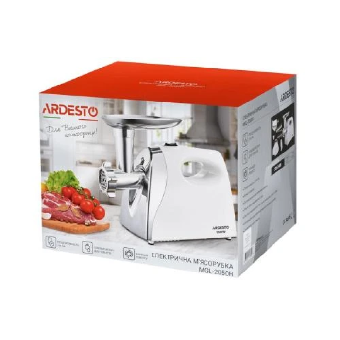 М'ясорубка Ardesto MGL-2050R White, 1800 W, 3 диски, насадка для томатів, для домашніх ковбас, продуктивність 2 кг/хв, реверс