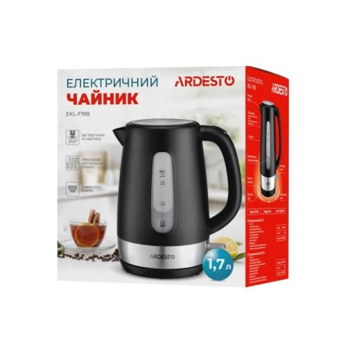 Електрочайник Ardesto EKL-F19B, Black, 2200W, 1.7 л, дисковий, пластиковий корпус, індикатор рівня води, підсвічування, автоматичне відключення при відсутності води