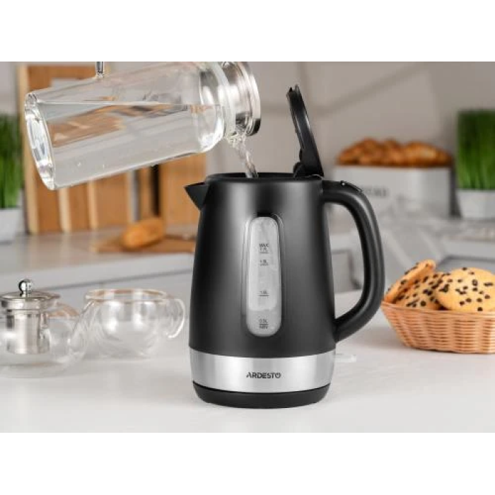 Електрочайник Ardesto EKL-F19B, Black, 2200W, 1.7 л, дисковий, пластиковий корпус, індикатор рівня води, підсвічування, автоматичне відключення при відсутності води