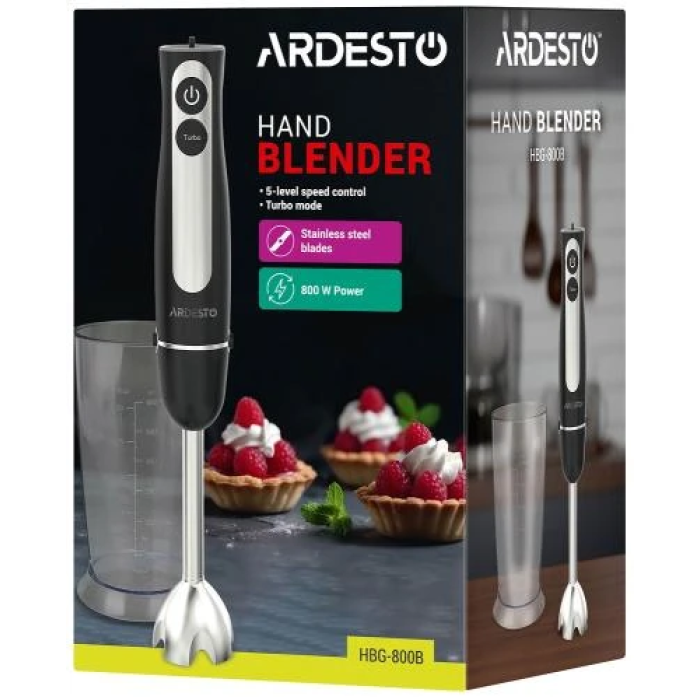 Блендер Ardesto HBG-800B, Black, 800W, занурювальний, 5 швидкостей, турборежим, 1 насадка, мірний стакан 600мл, підсвітка кнопок управління
