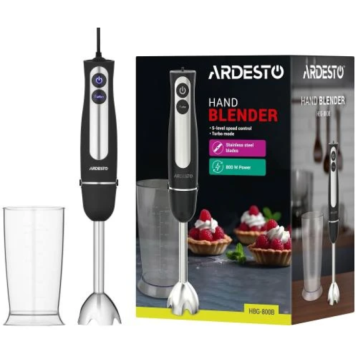 Блендер Ardesto HBG-800B, Black, 800W, занурювальний, 5 швидкостей, турборежим, 1 насадка, мірний стакан 600мл, підсвітка кнопок управління