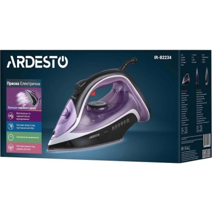 Праска Ardesto IR-B2234, Black/Purple, 2400W, кераміка, паровий удар, резервур 350мл, захист від кальцинації, антикрапля, плавне регулювання потужності пари, автоматичне відключення
