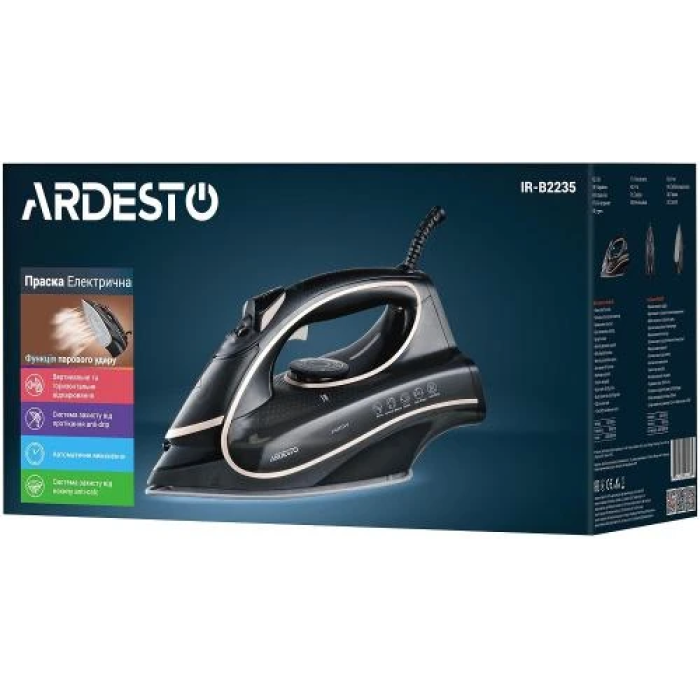 Праска Ardesto IR-B2235, Black/Gold, 2400W, кераміка, паровий удар, резервур 450мл, захист від кальцинації, антикрапля, плавне регулювання потужності пари, автоматичне відключення