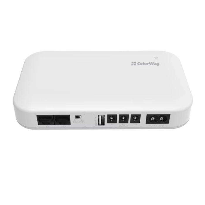 Джерело безперебійного живлення для роутера ColorWay Mini DC UPS, White, 10000 mAh (37Wh), 1xDC (12V/1.4A), 1xDC (9V/1.8A), 1xDC (5V/1.8A), 1xUSB (5V/1.8A), PoE (15V/1.3A / 24V/0.9A), індикатор заряду (CW-PB100LI3WT)