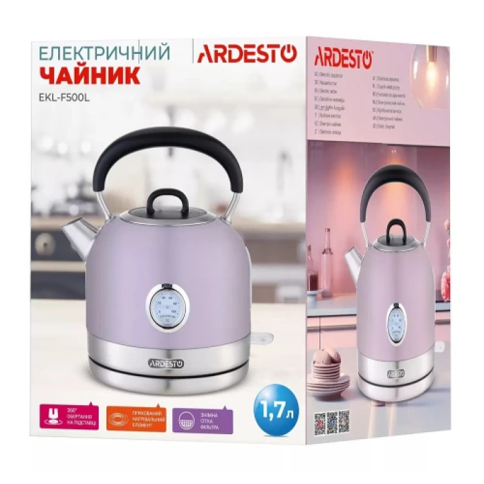 Електрочайник Ardesto EKL-F500L, Purple, 2150 Вт, 1.7 л, дисковий, індикатор роботи, корпус метел, автоматичне відключення за відсутності води, стильний дизайн з вінтажним термометром
