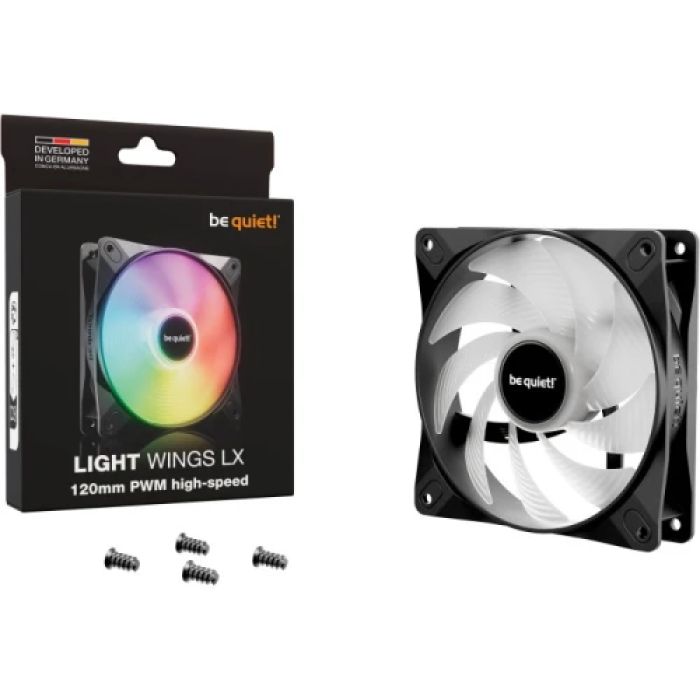 Вентилятор 120 мм, be quiet! Light Wings LX, PWM, High-speed, Black, 120х120х25 мм, до 2100 об/мин, до 30.9 дБ, 4-pin (PWM, 50 см) / 3-pin (ARGB, 50 см), пiдшипник ковзання з гвинтовою нарізкою (BL123)