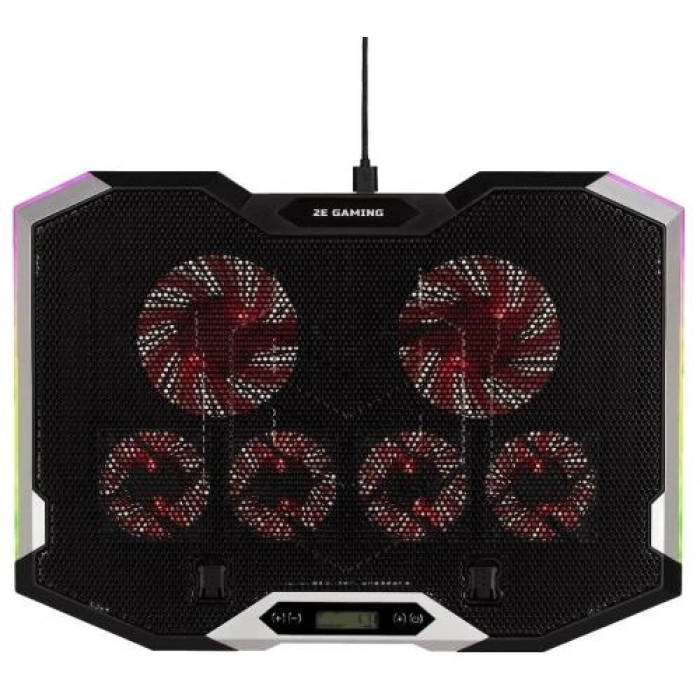 Підставка для ноутбука до 15.6" 2E GAMING CPG-004, Black, 2x10 см / 4x7 см вентилятори, RGB-підсвічування, 2xUSB Hub, алюмінієва сітка, 7-ступінчасте регулювання висоти, сенсорне регулювання вентиляторів, 415х295х3 -004)