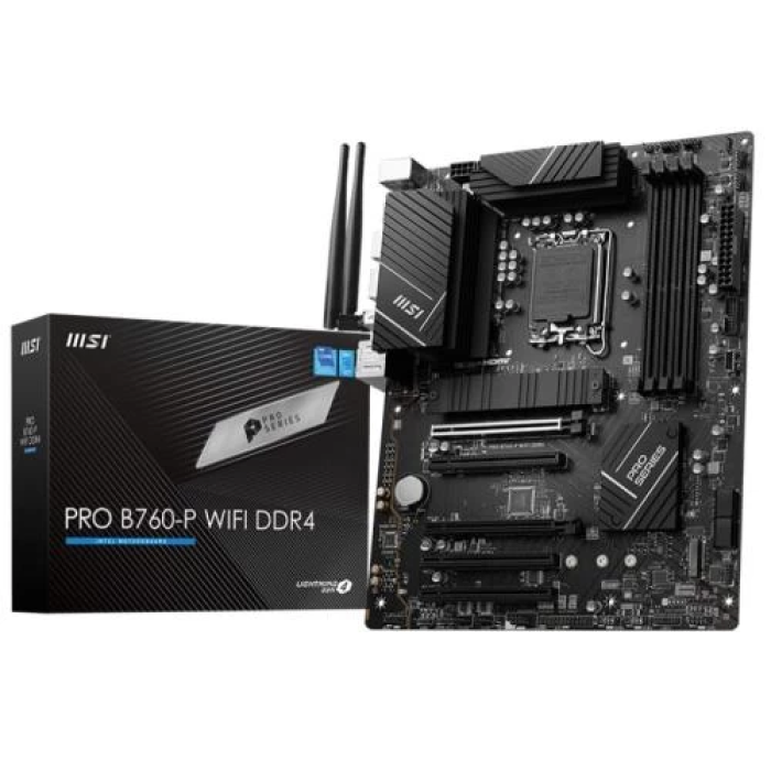 Материнська плата LGA1700, MSI PRO B760-P WIFI DDR4, B760, 4xDDR4, Int.Video(CPU), 4xSATA3, 2xM.2, 2xPCI-E 16x 4.0, 3xPCI-E 16x 3.0, ALC897, RTL8125BG, WiFi6, Bluetooth 5.3, 6xUSB3.2/8xUSB2.0, HDMI/DP, ATX